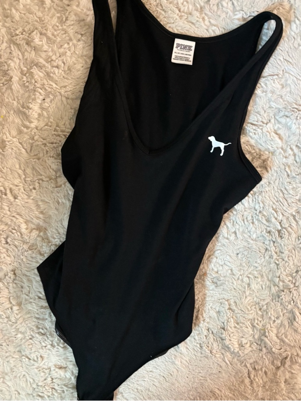 PINK Black One-Piece Bodysuit with White Dog Logo